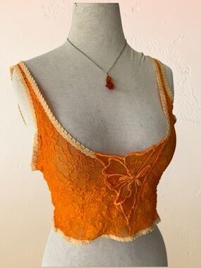 Vtg 70s  Alana Gale Orange Embroidered  Lace Bralette M Crop Top Hand Dyed Boho